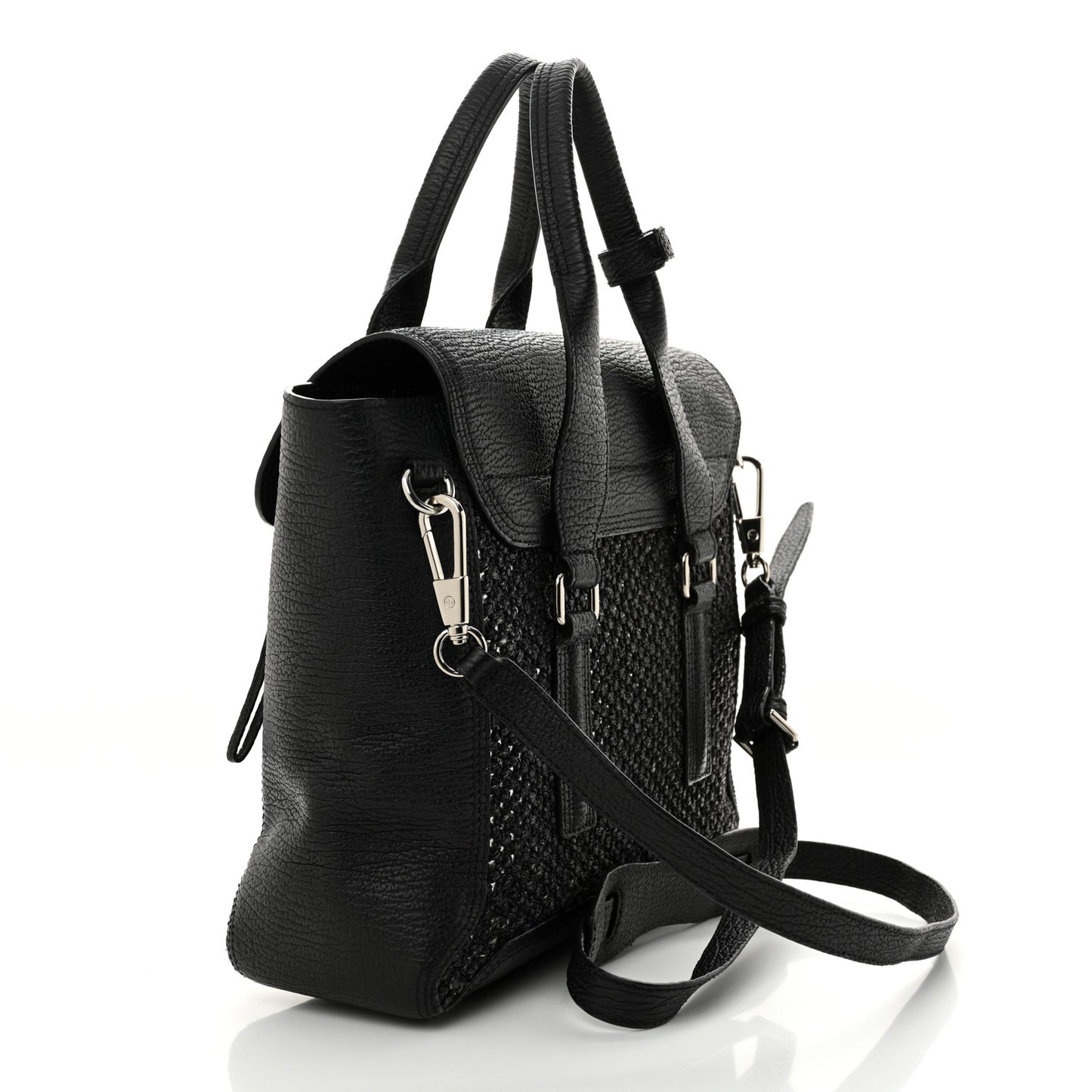 PHILLIP LIM 3.1 Textured Calfskin Woven Panel Medium Pashli Satchel Black Silver