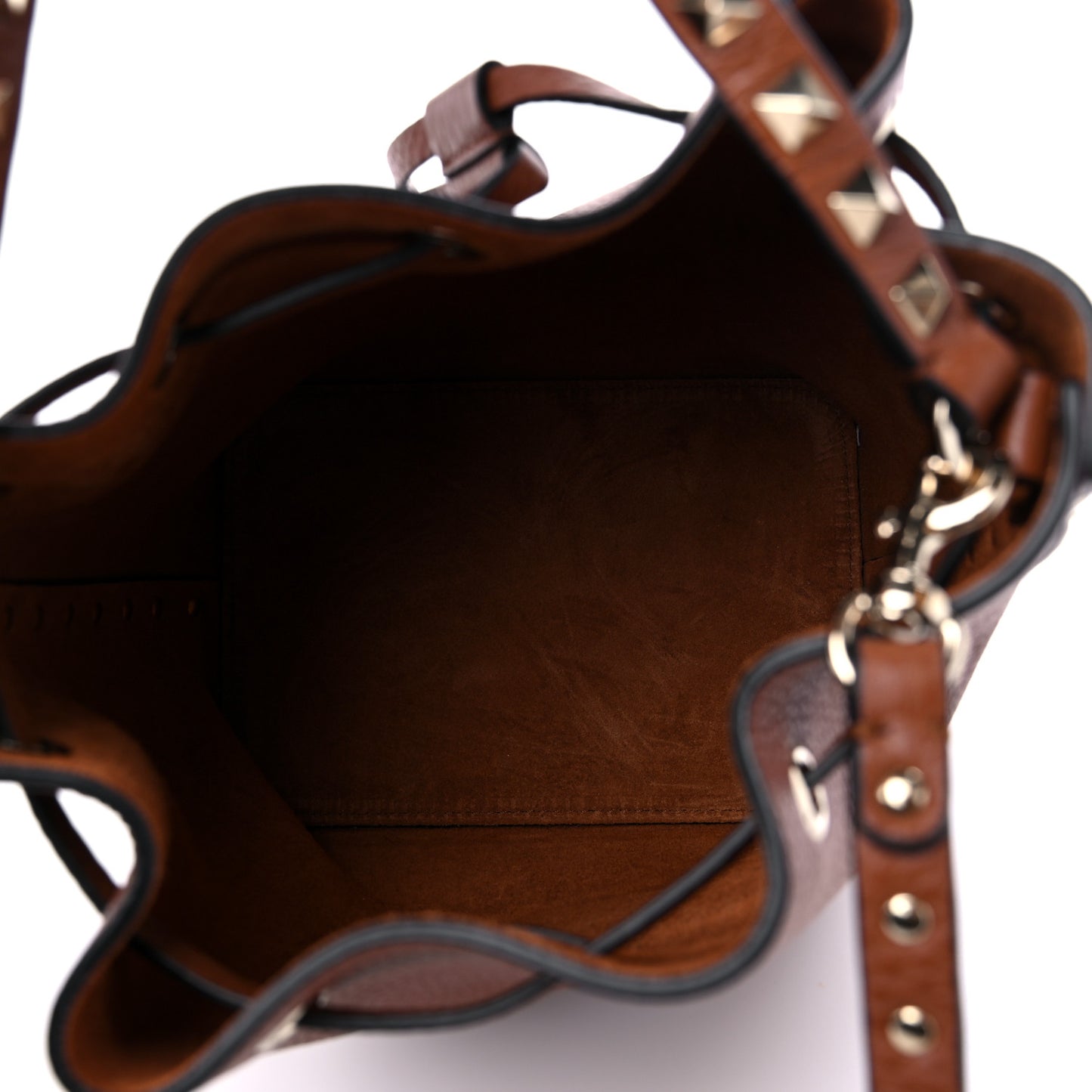 Grained Calfskin Rockstud Bucket Bag Saddle Brown