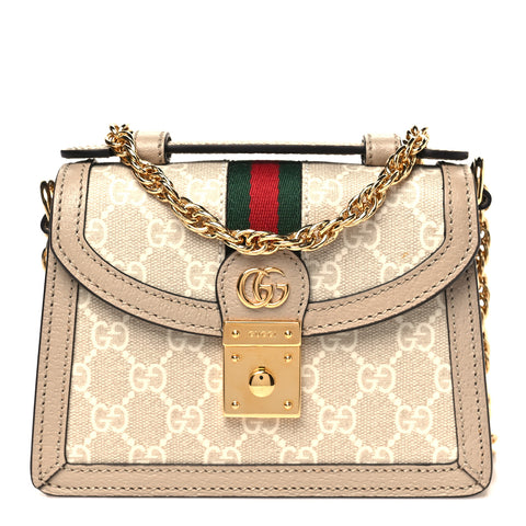 GG Supreme Monogram Textured Dollar Calfskin Web Mini Ophidia Padlock Top Handle Chain Shoulder Bag Beige Mystic White Oatmeal