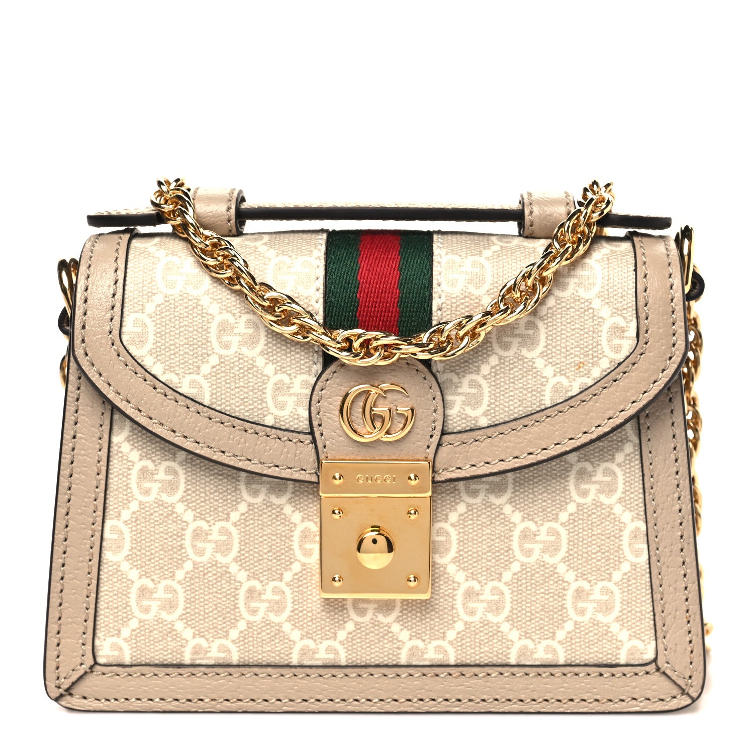 Gucci GG Supreme Monogram Textured Dollar Calfskin Web Mini Ophidia Padlock Top Handle Chain Shoulder Bag Beige Mystic White Oatmeal 1 of 10