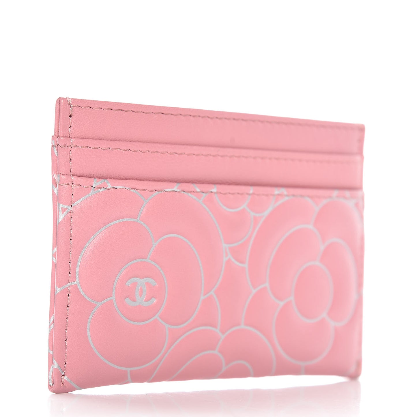 Lambskin Camellia Embossed Card Holder Pink