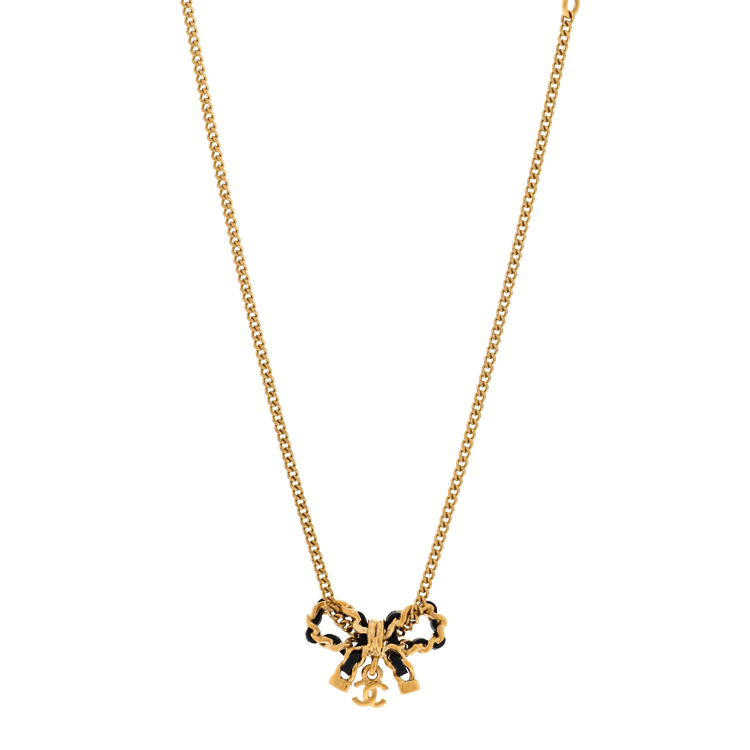 Chanel Metal Lambskin Chain CC Bow Necklace Black Gold 1 of 6