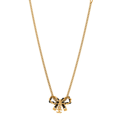 Chanel Metal Lambskin Chain CC Bow Necklace Black Gold 1 of 6