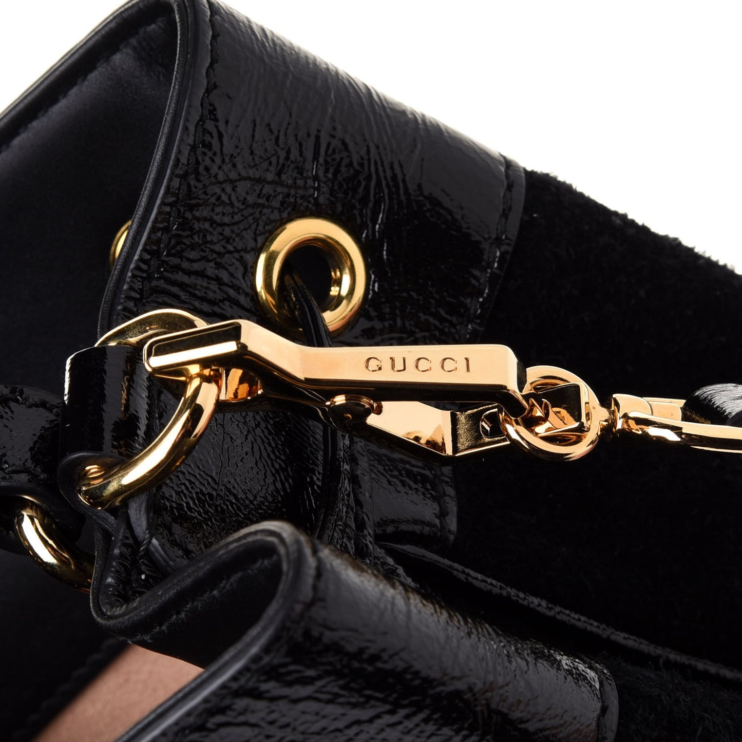 Suede Patent Web Small Ophidia Bucket Bag Black
