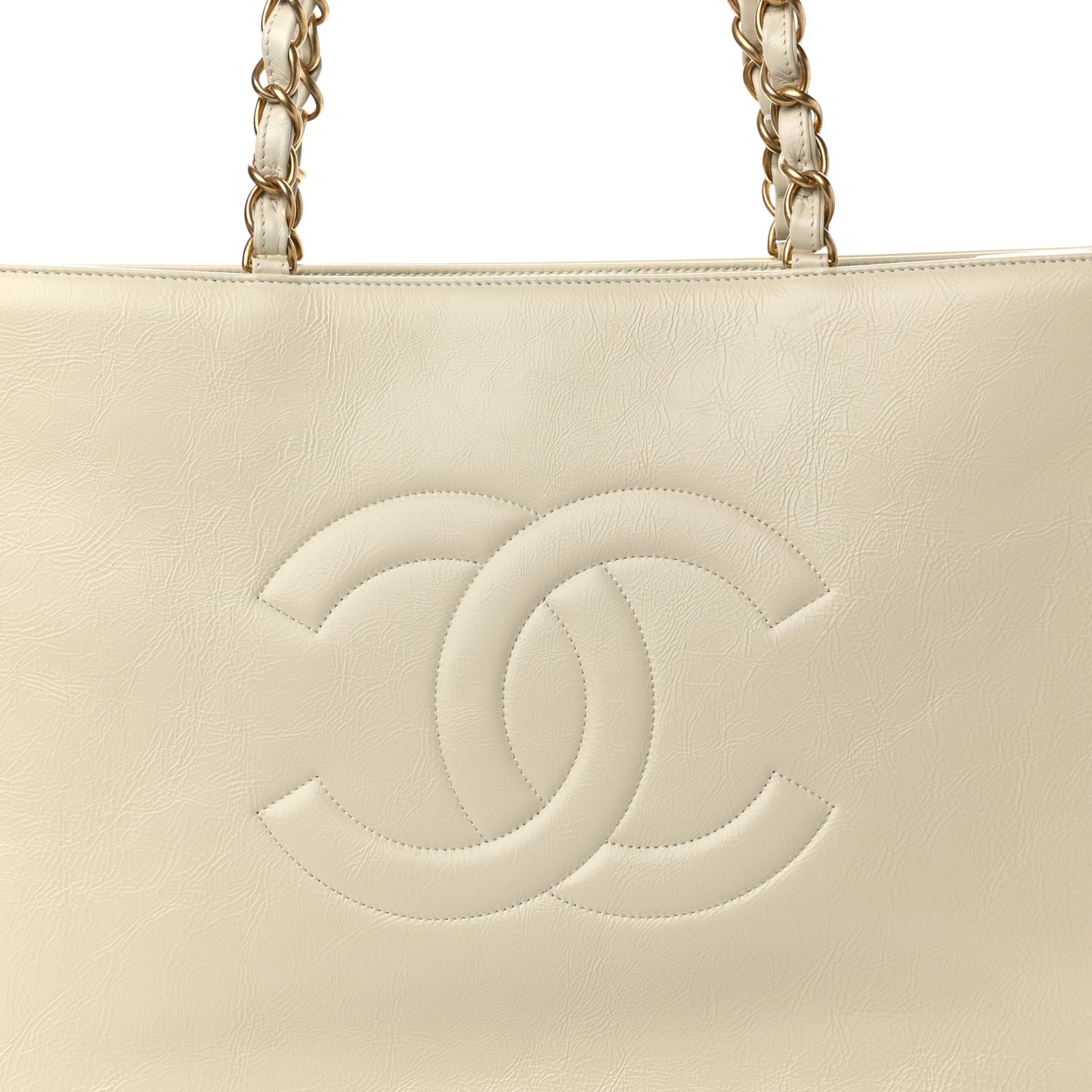 Shiny Aged Calfskin Shopping Bag White