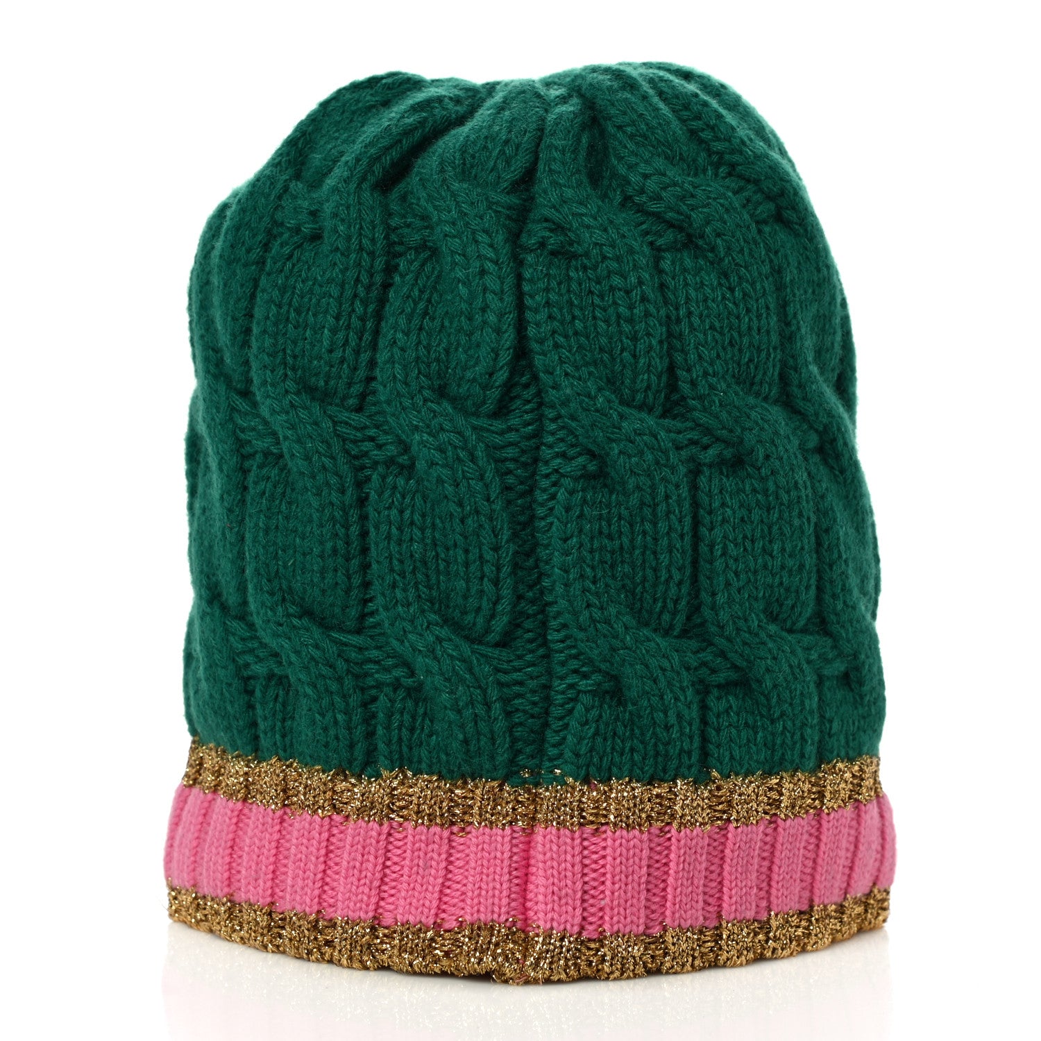 Gucci Wool Cashmere Polyamide Cable Knit Bonhate Beanie Hat M Grass Green Pink 3 of 9