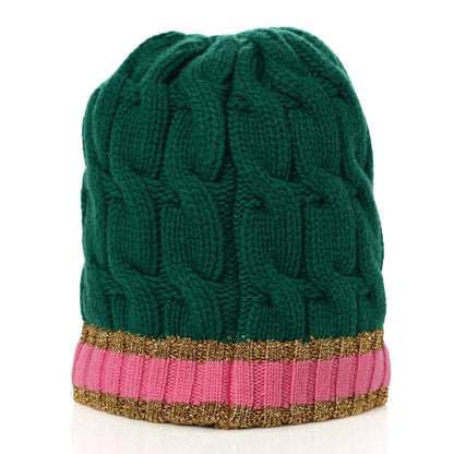 Gucci Wool Cashmere Polyamide Cable Knit Bonhate Beanie Hat M Grass Green Pink 3 of 9