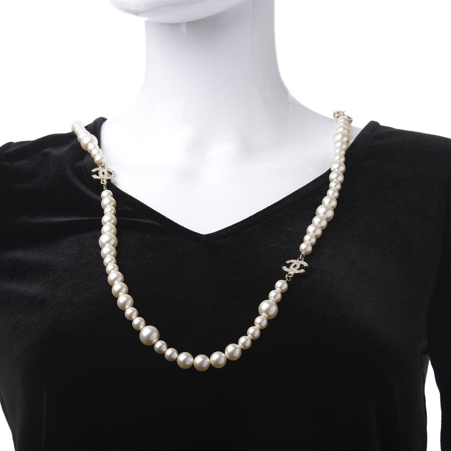 Pearl Crystal Long CC Necklace Gold