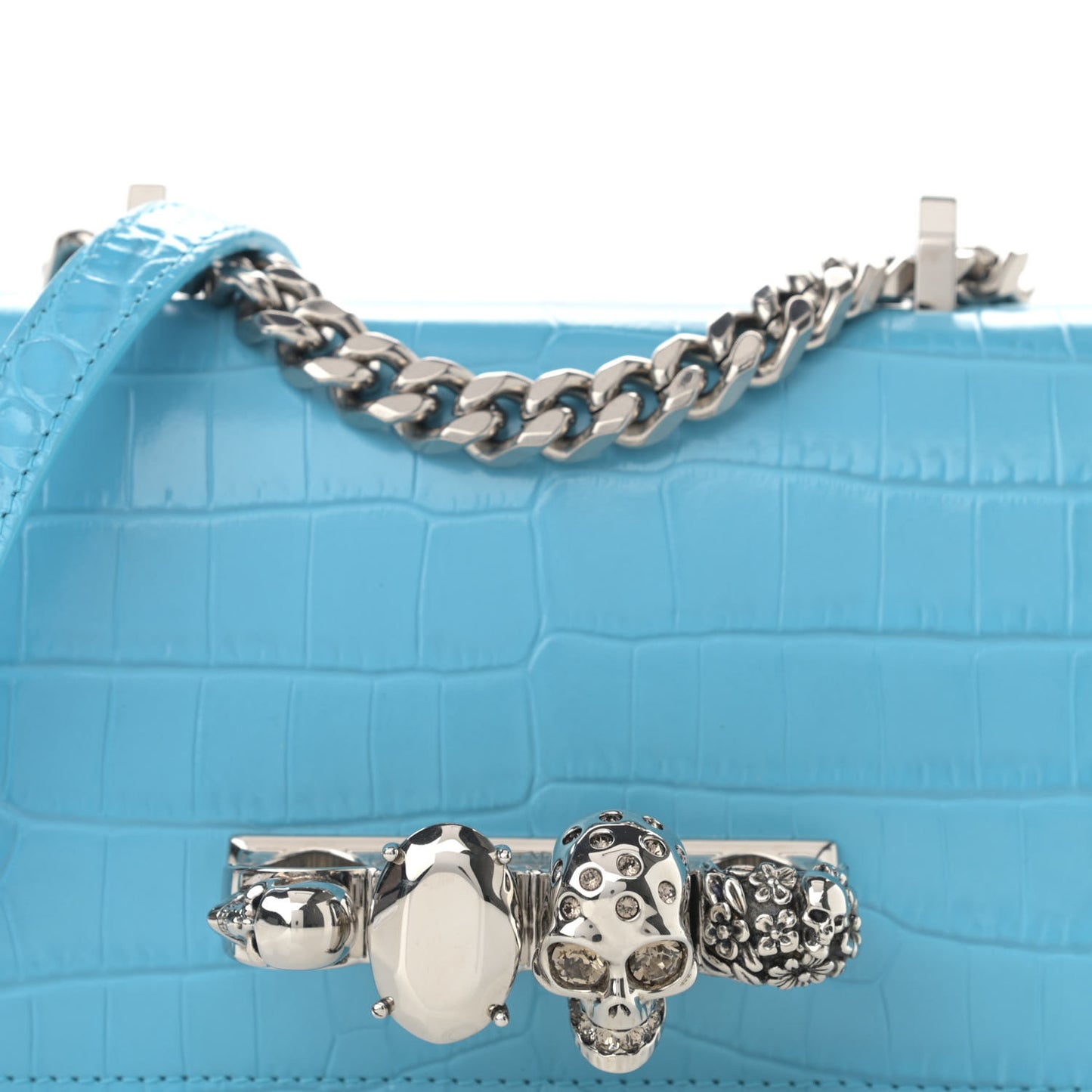 Calfskin Crocodile Embossed Knuckle Shoulder Bag Cerulean