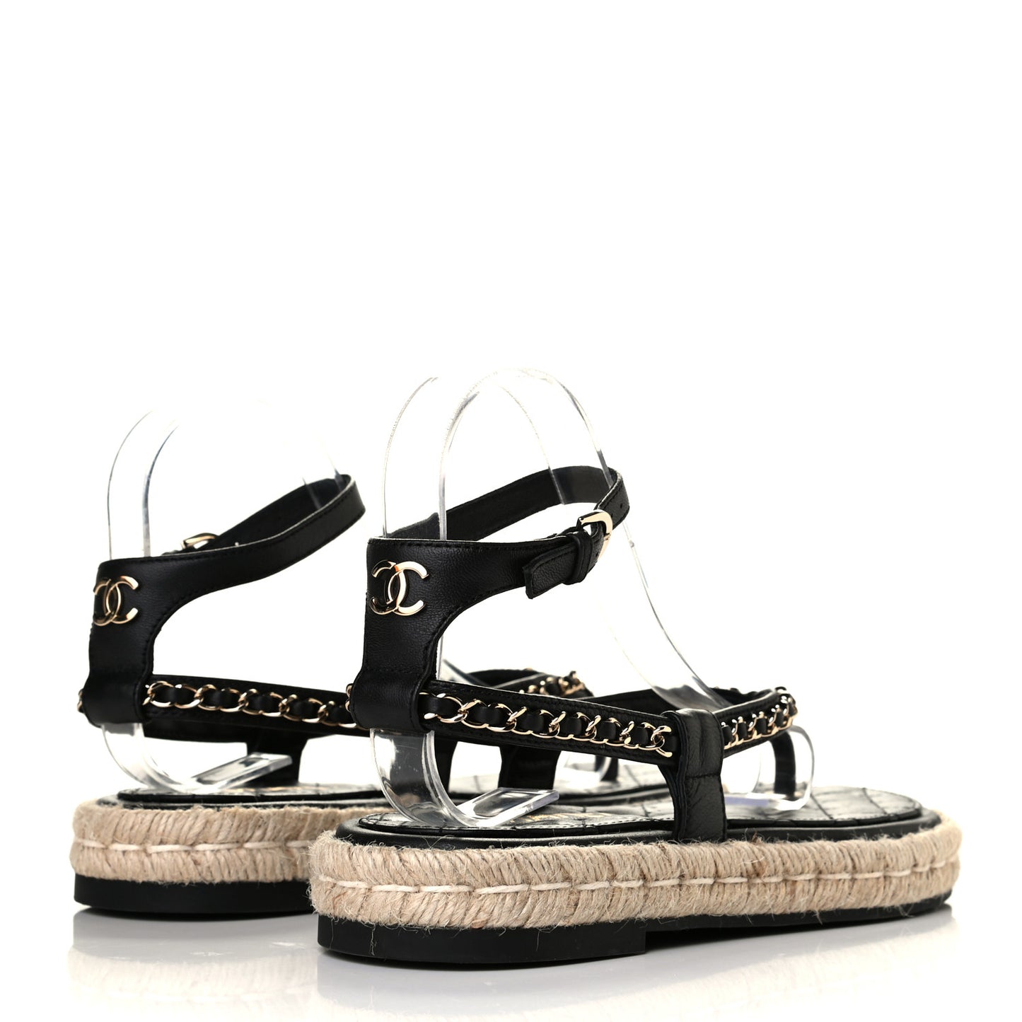 Lambskin Chain CC Thong Espadrille Sandals 36 Black