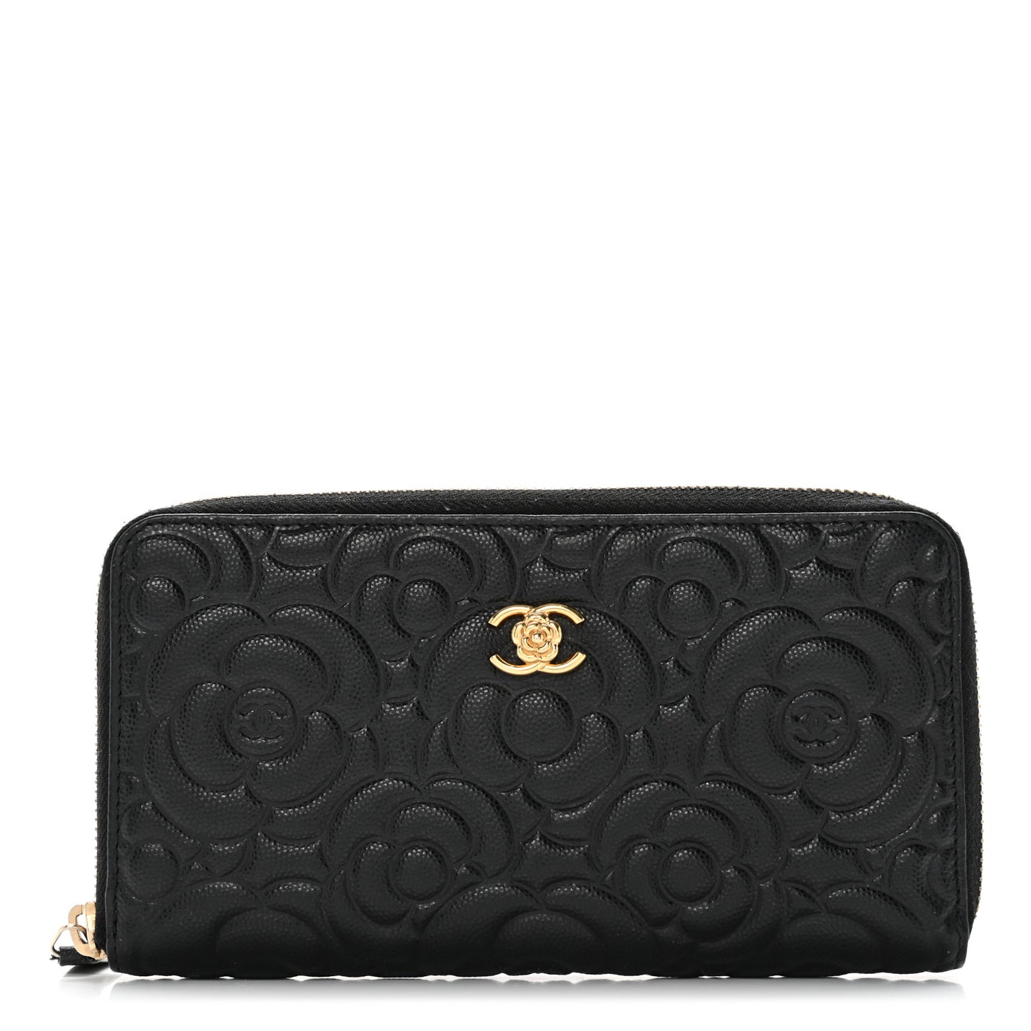 Caviar Camellia Embossed Large Zip Around Gusset Wallet Black