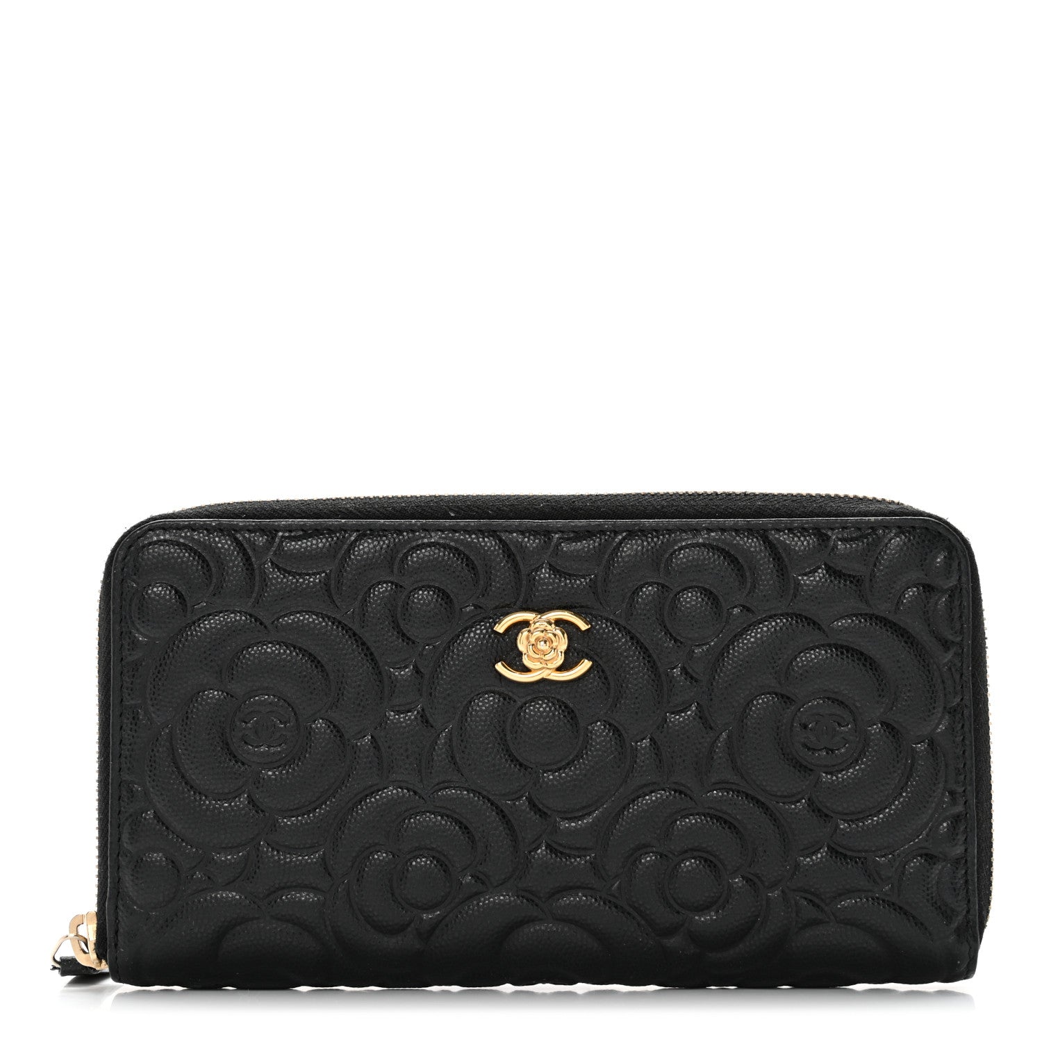 Chanel Caviar Camellia Embossed Large Zip Around Gusset Wallet Black 1 of 13