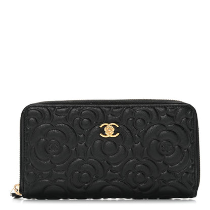 Chanel Caviar Camellia Embossed Large Zip Around Gusset Wallet Black 1 of 13