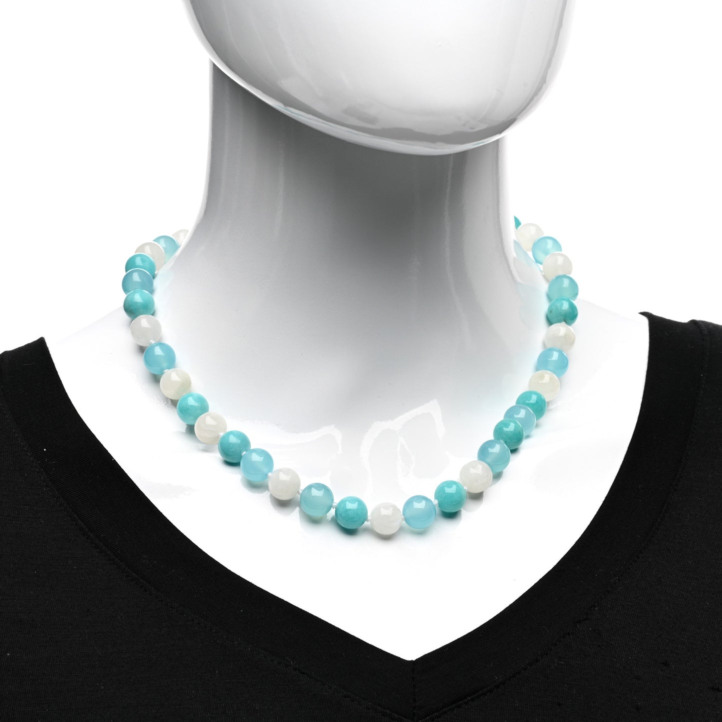Sterling Silver Rock Crystal Quartz Blue Chalcedony Amazonite Bead Necklace