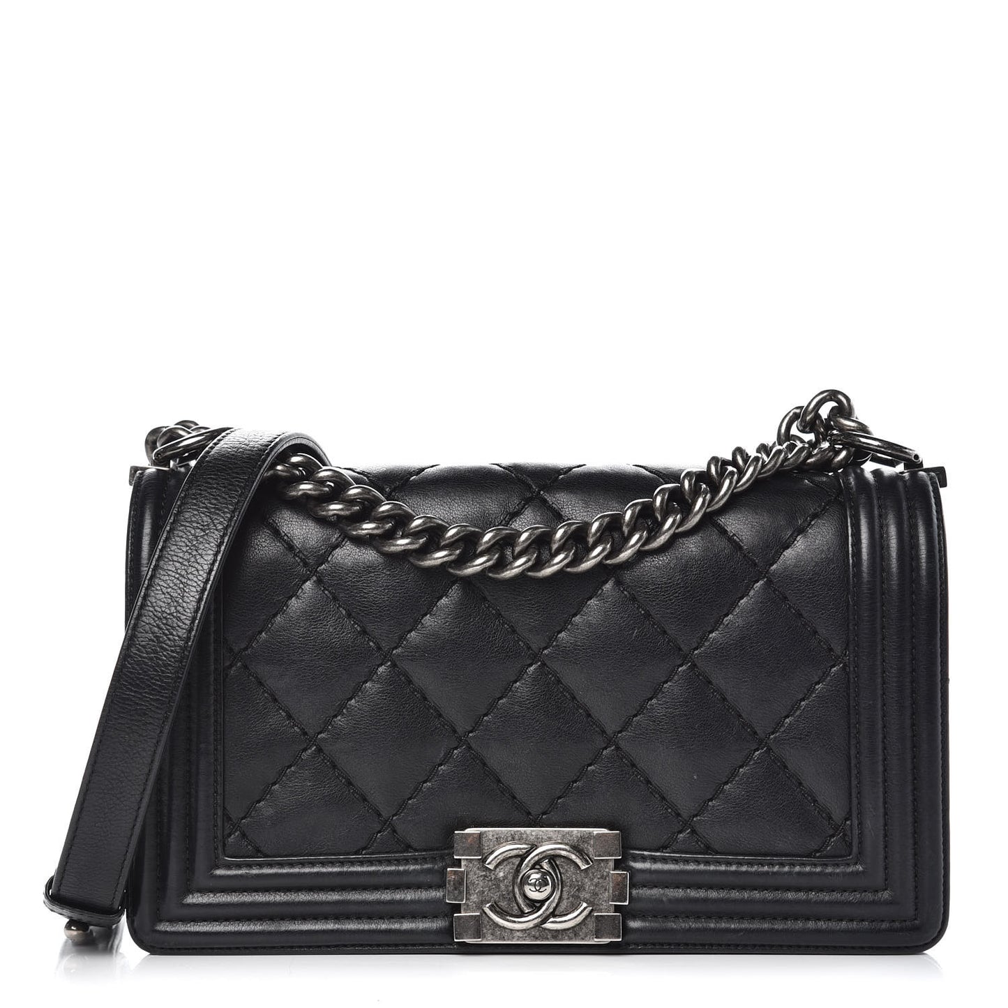 Calfskin Double Stitch Medium Boy Flap Black
