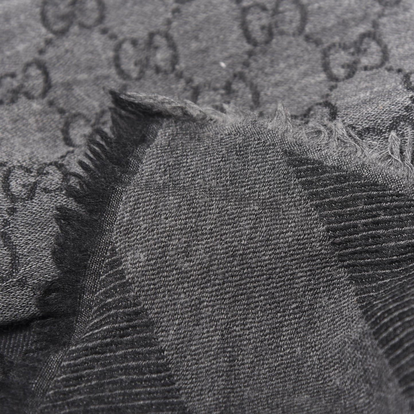 Wool Silk Monogram GGWeb Fringe Shawl Black Medium Grey