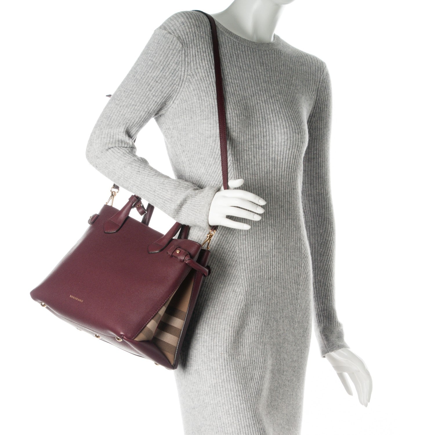 Burberry Grainy Calfskin House Check Medium Banner Tote Mahogany Red 2 of 8