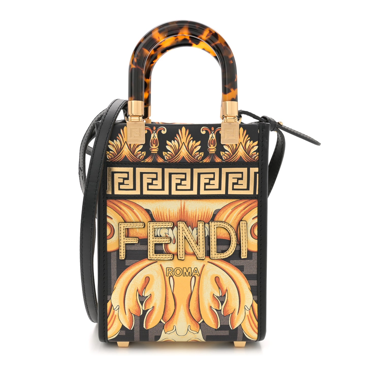 X VERSACE Vitello King Catalan Mirror Plexiglass Fendace FF Baroque Logo Mini Fendi Sunshine Shopper Tote Black Gold