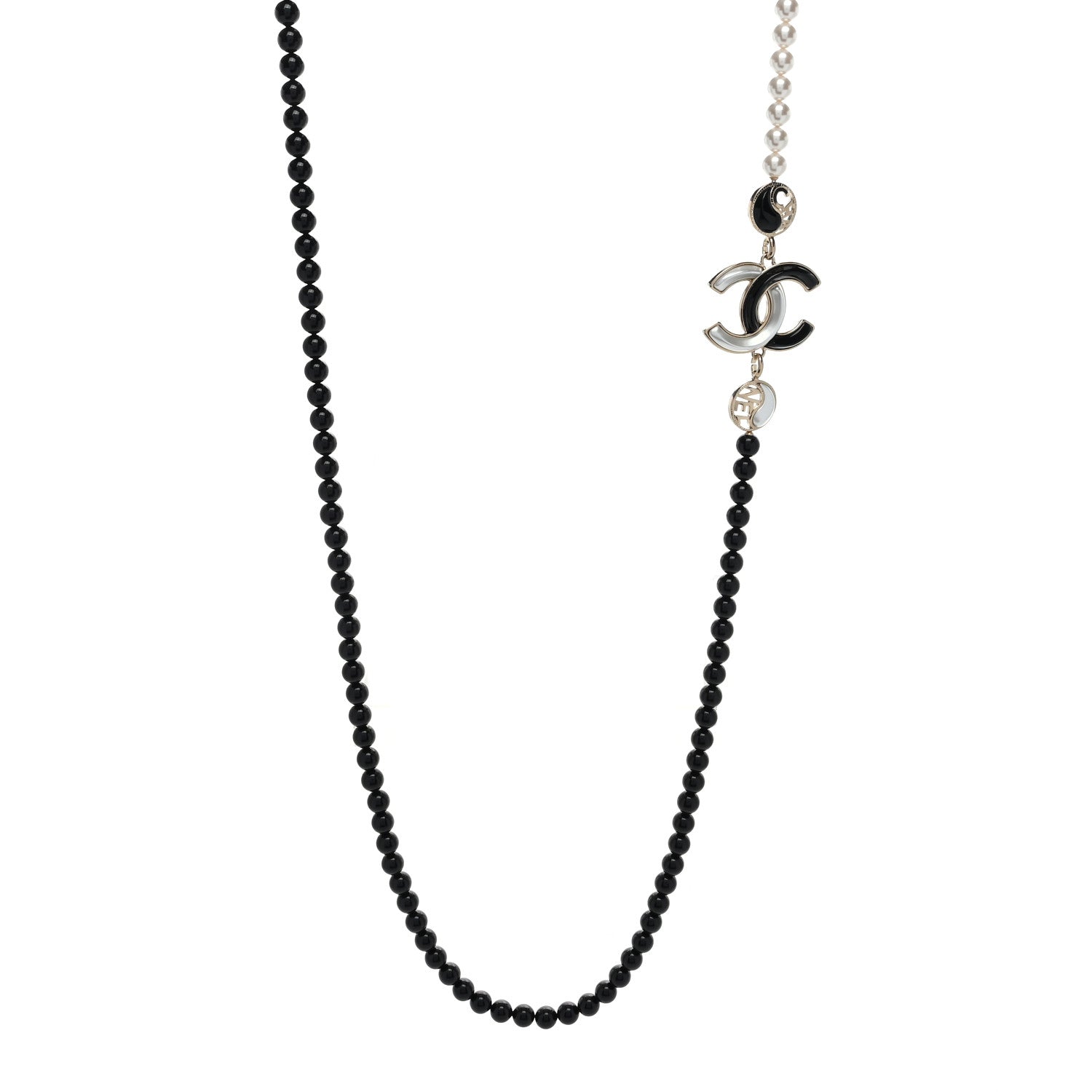 Chanel Pearl Beaded Enamel CC Necklace Black White 1 of 3