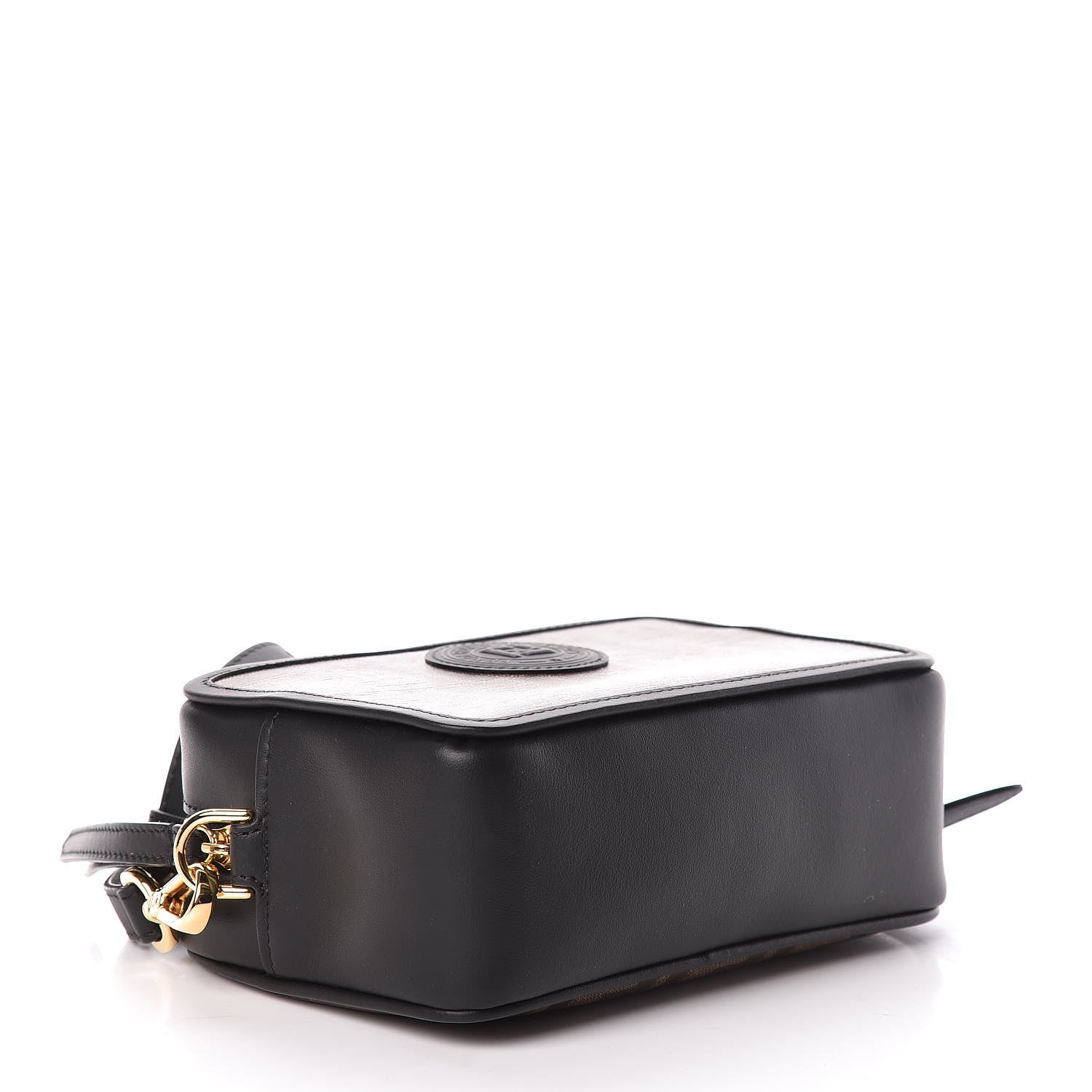 Fendi Glazed Fabric Vitello Century FF 1974 Stamp Patch Mini Camera Case Mogano Panna Black 4 of 11