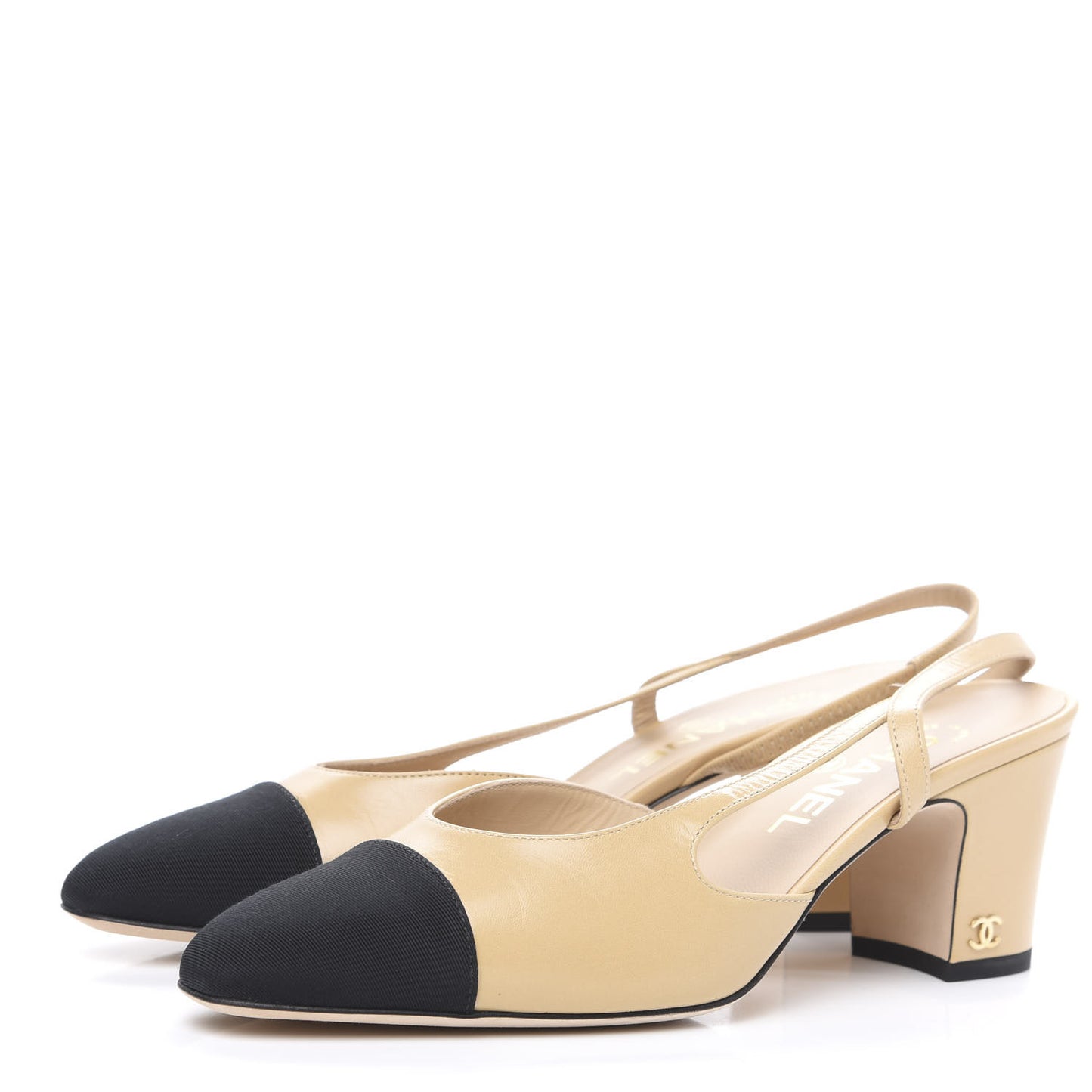 Goatskin Grosgrain Cap Toe CC Slingback Pumps 37.5 Beige Black