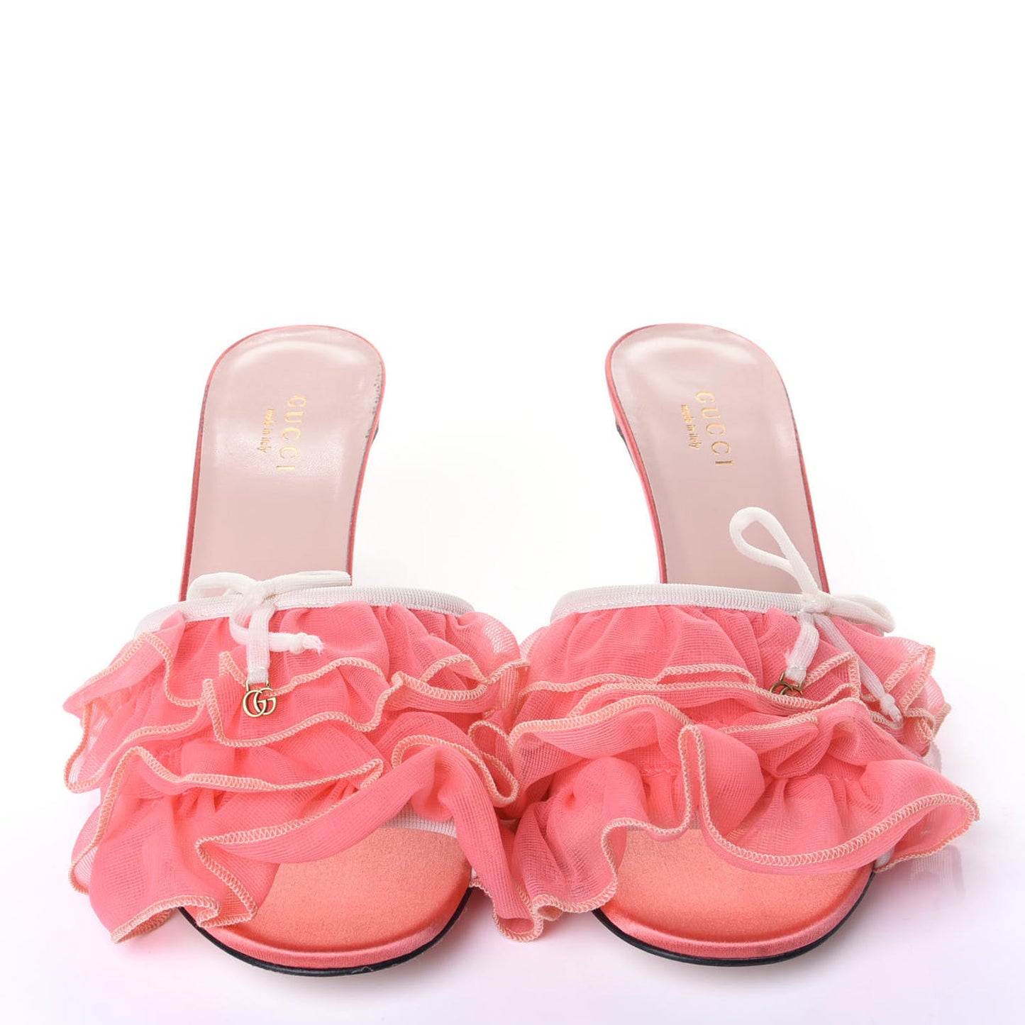 Tulle Ruffle Low Heel Slide Sandals 35.5 Peach White