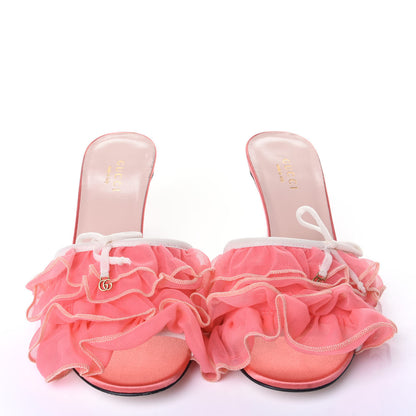 Gucci Tulle Ruffle Low Heel Slide Sandals 35.5 Peach White 6 of 13