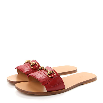 Gucci Malaga Kid Fringe Horsebit Slide Sandals 39 Hibiscus Red 3 of 10