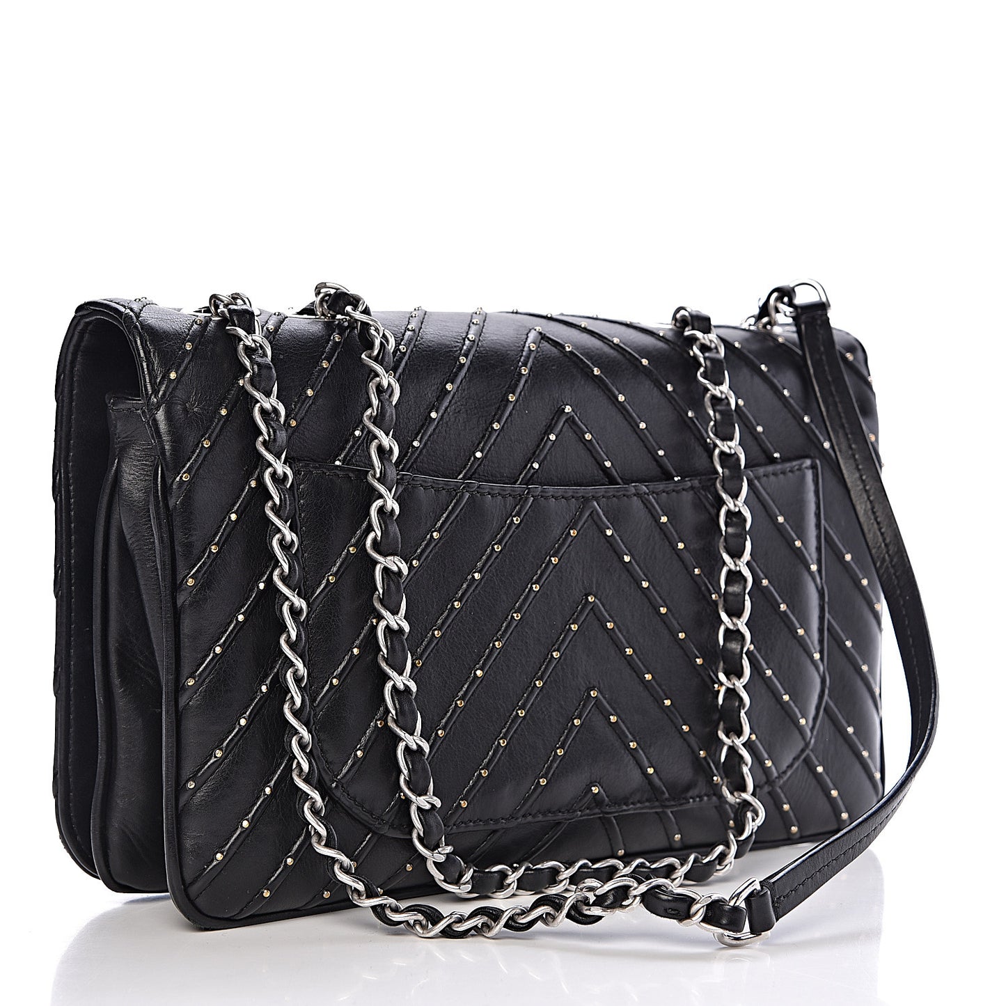 Calfskin Studded Chevron Quilted Flap Black