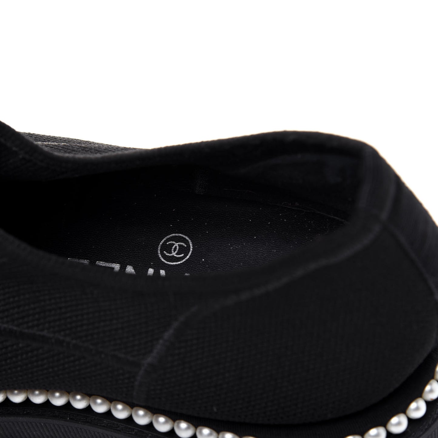Stretch Fabric Grosgrain Pearl Cap Toe CC Moccasin Loafers 39 Black