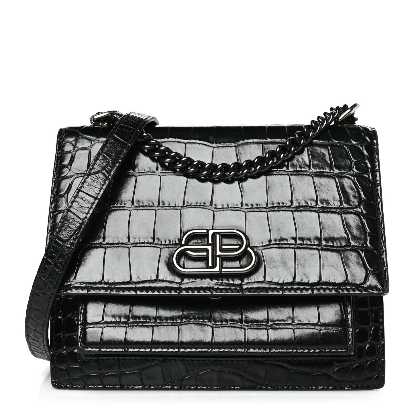 Shiny Calfskin Monochrome Crocodile Embossed S Sharp Chain Shoulder Bag Black