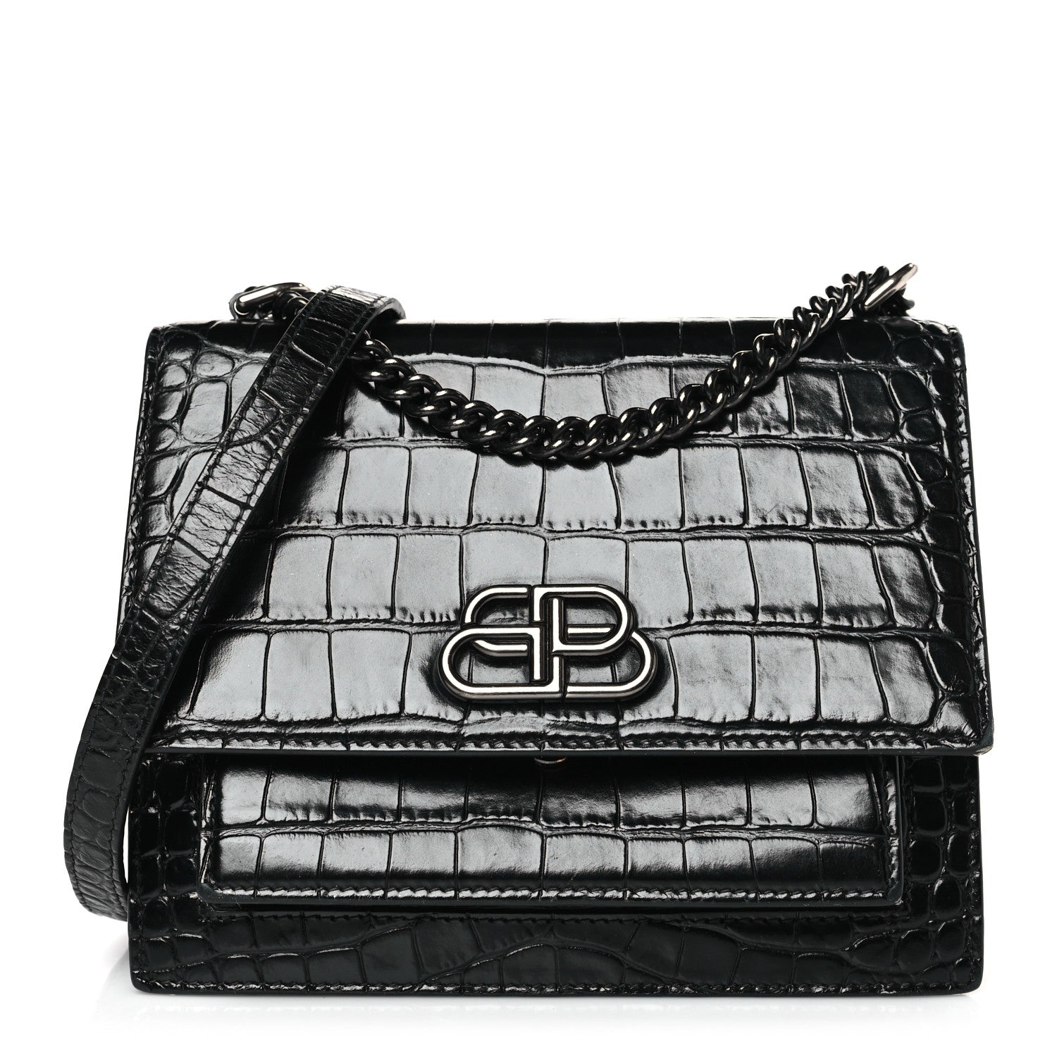 Balenciaga Shiny Calfskin Monochrome Crocodile Embossed S Sharp Chain Shoulder Bag Black 1 of 9