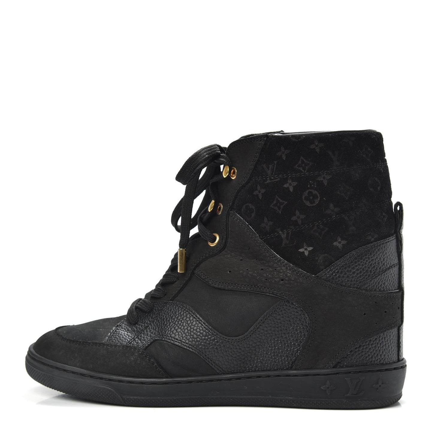 Calfskin Suede Monogram Cliff Top Wedge Sneakers 37 Black