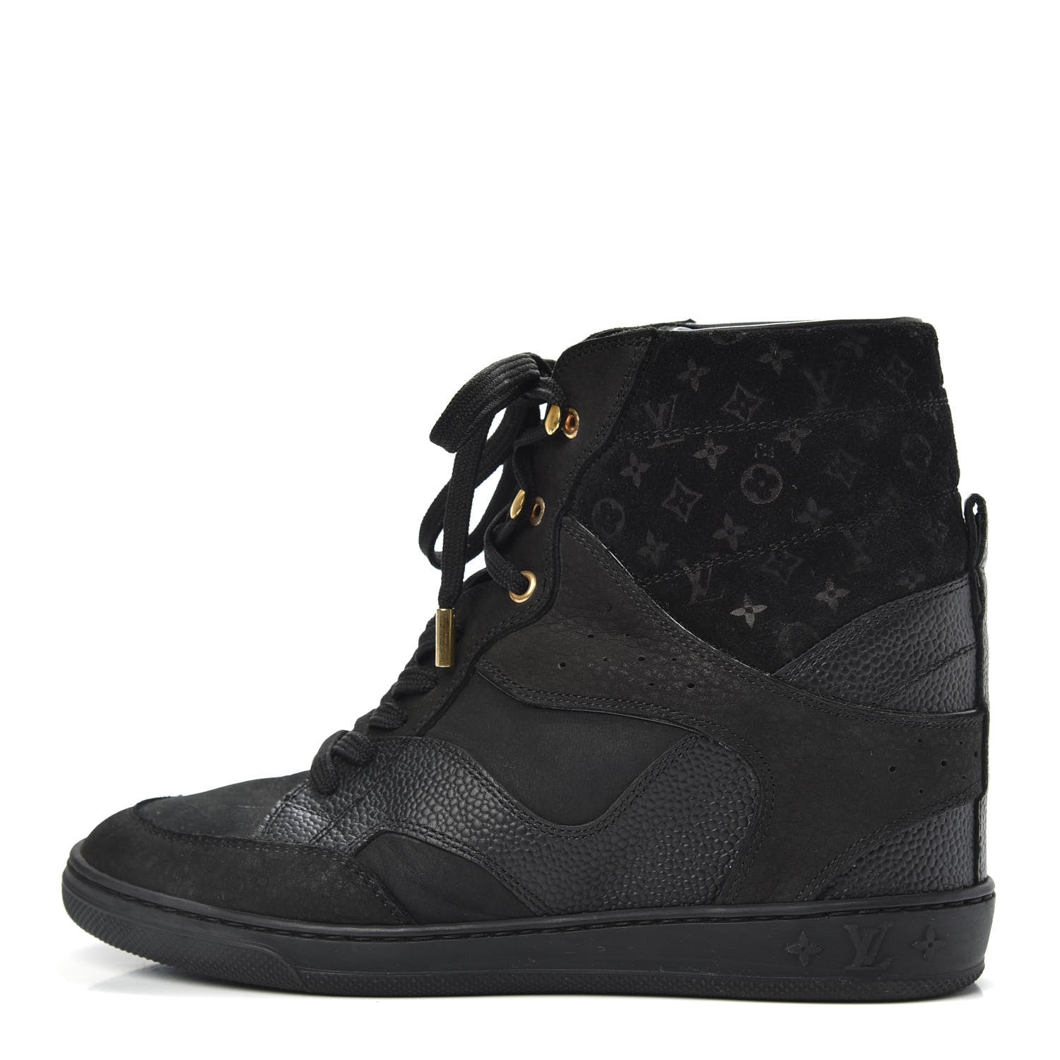 Louis Vuitton Calfskin Suede Monogram Cliff Top Wedge Sneakers 37 Black 1 of 11