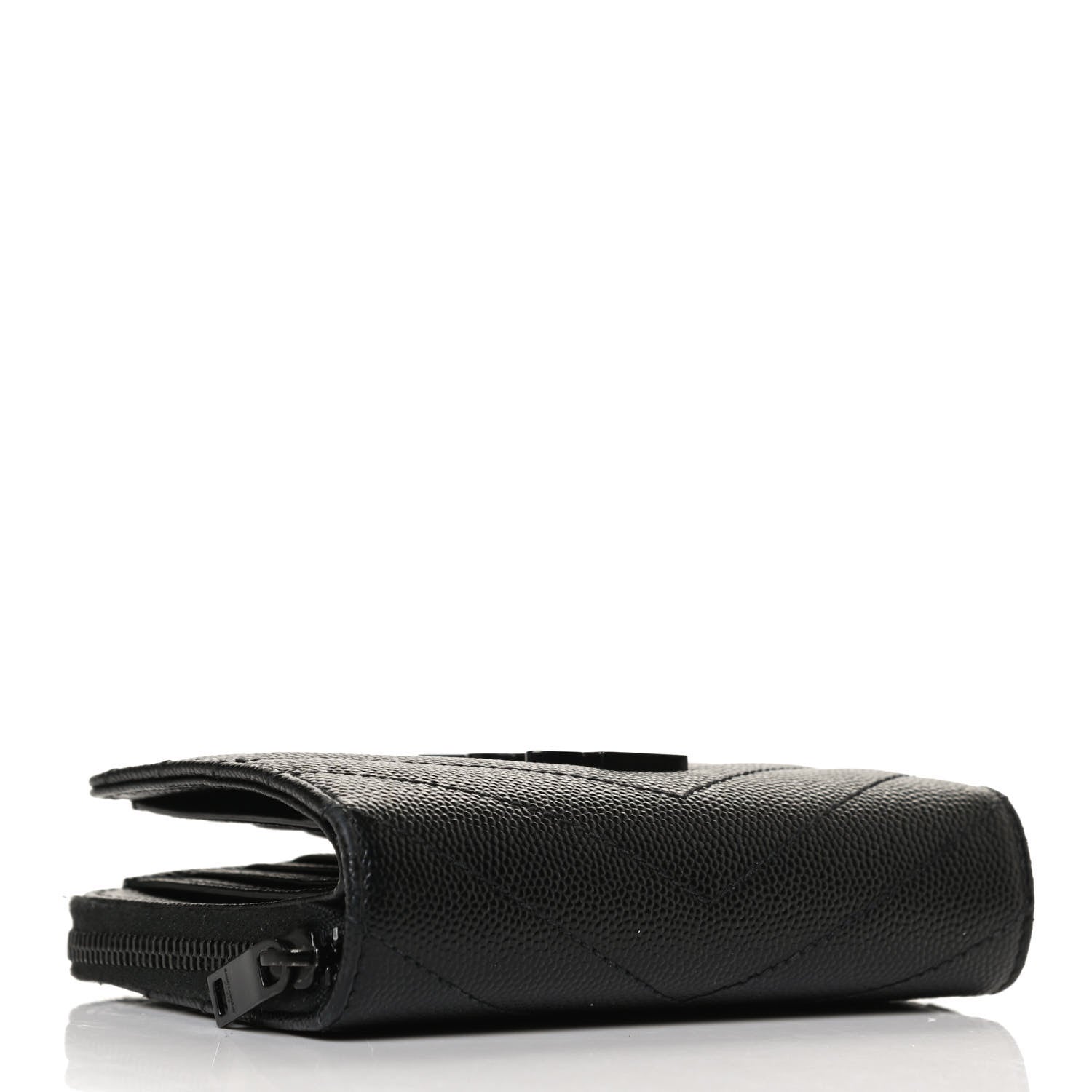 Saint Laurent Grain De Poudre Matelasse Chevron Monogram Monochrome Compact Zip Around Wallet Black 7 of 13