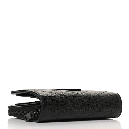 Saint Laurent Grain De Poudre Matelasse Chevron Monogram Monochrome Compact Zip Around Wallet Black 7 of 13