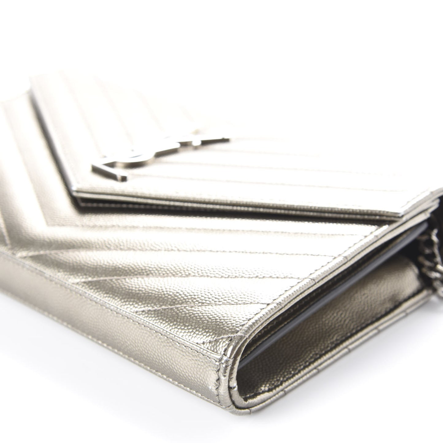 Metallic Grain De Poudre Matelasse Chevron Monogram Chain Wallet Piombo