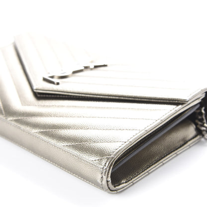 Saint Laurent Metallic Grain De Poudre Matelasse Chevron Monogram Chain Wallet Piombo 9 of 9