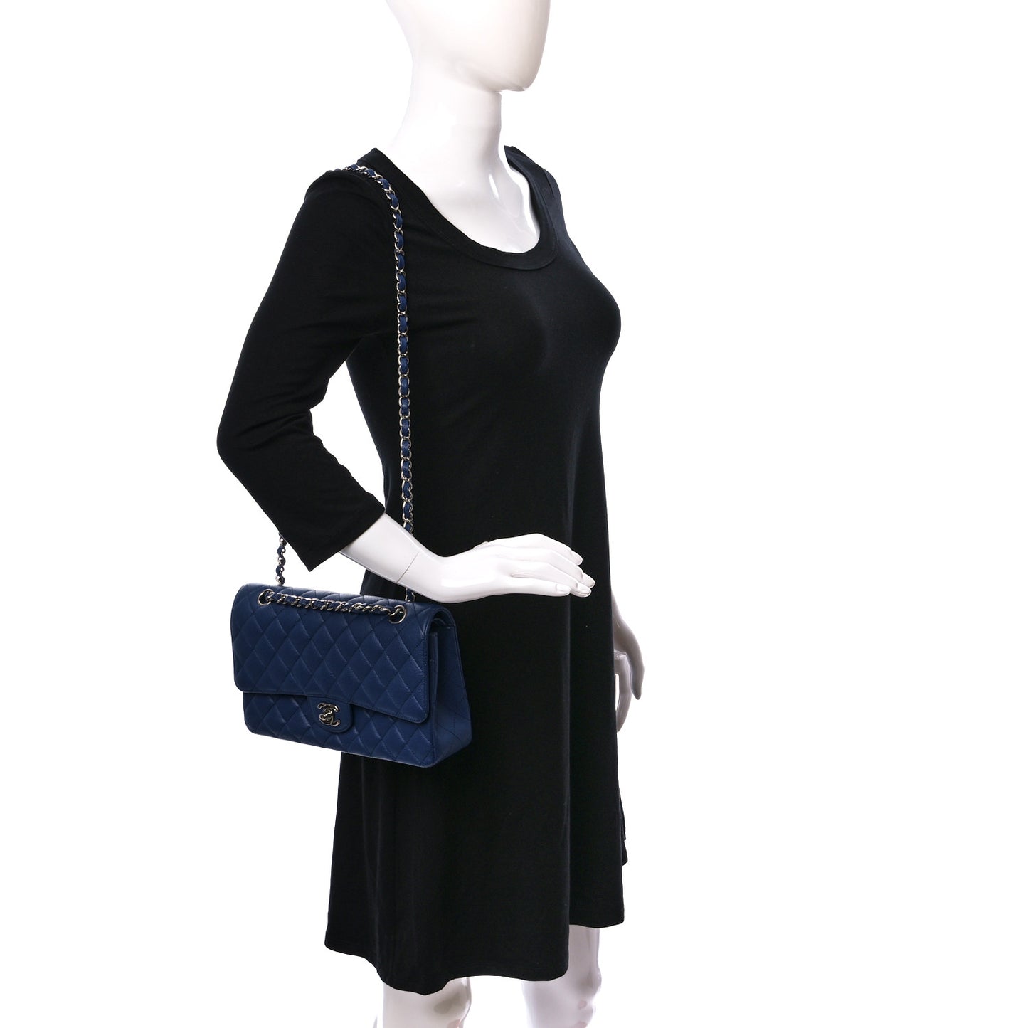 Caviar Quilted Medium Double Flap Dark Blue