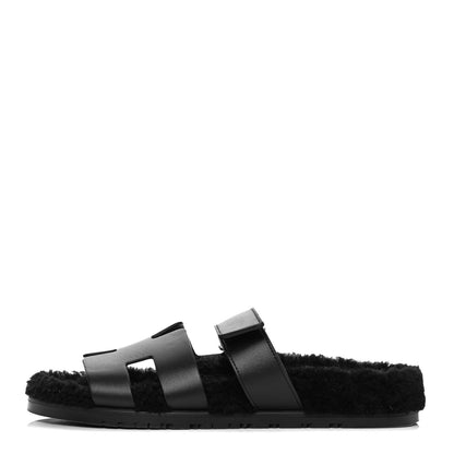 Hermes Calfskin Woolskin Womens Chypre Sandals 40 Black 1 of 11