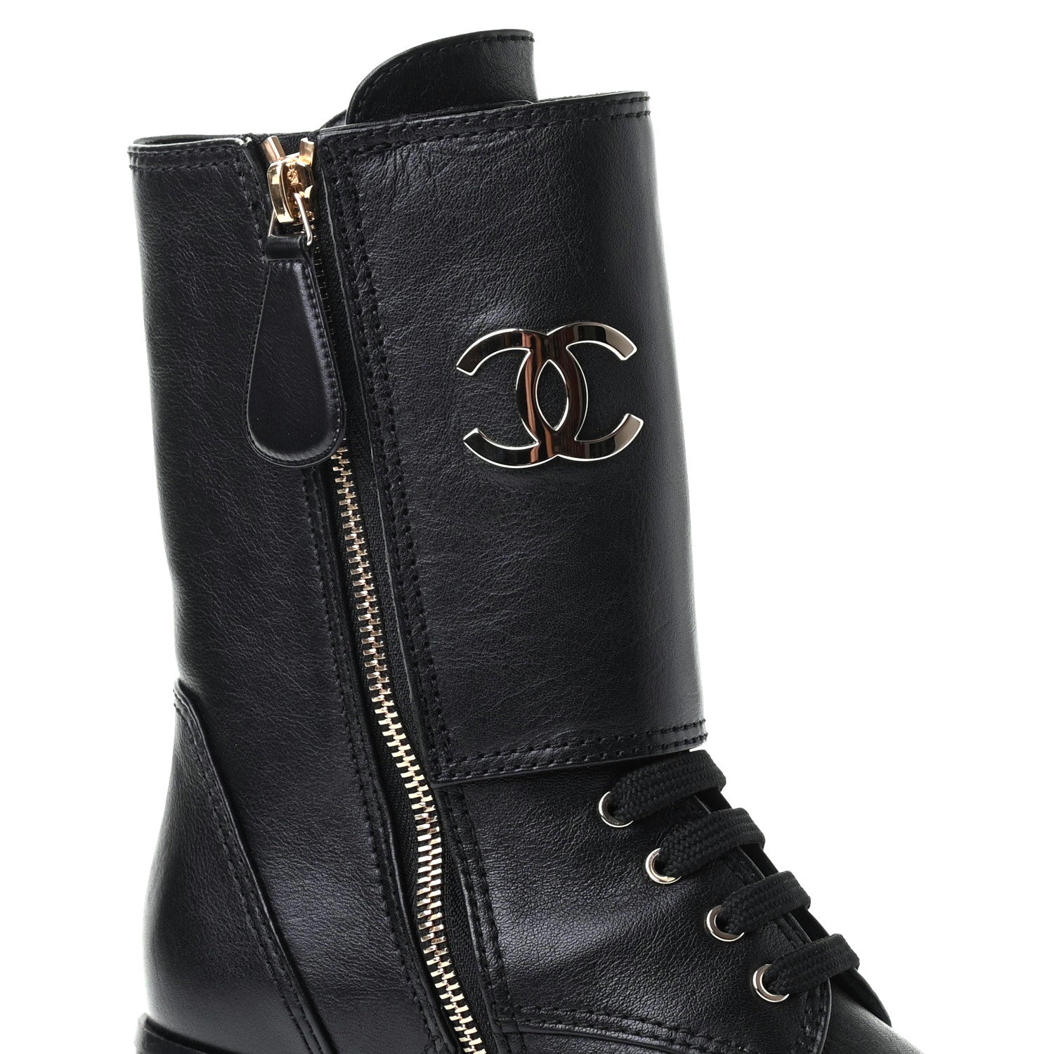 Chanel Calfskin Patent Cap Toe CC Lace Up Boots 36 Black 8 of 10