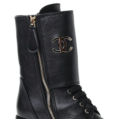 Chanel Calfskin Patent Cap Toe CC Lace Up Boots 36 Black 8 of 10