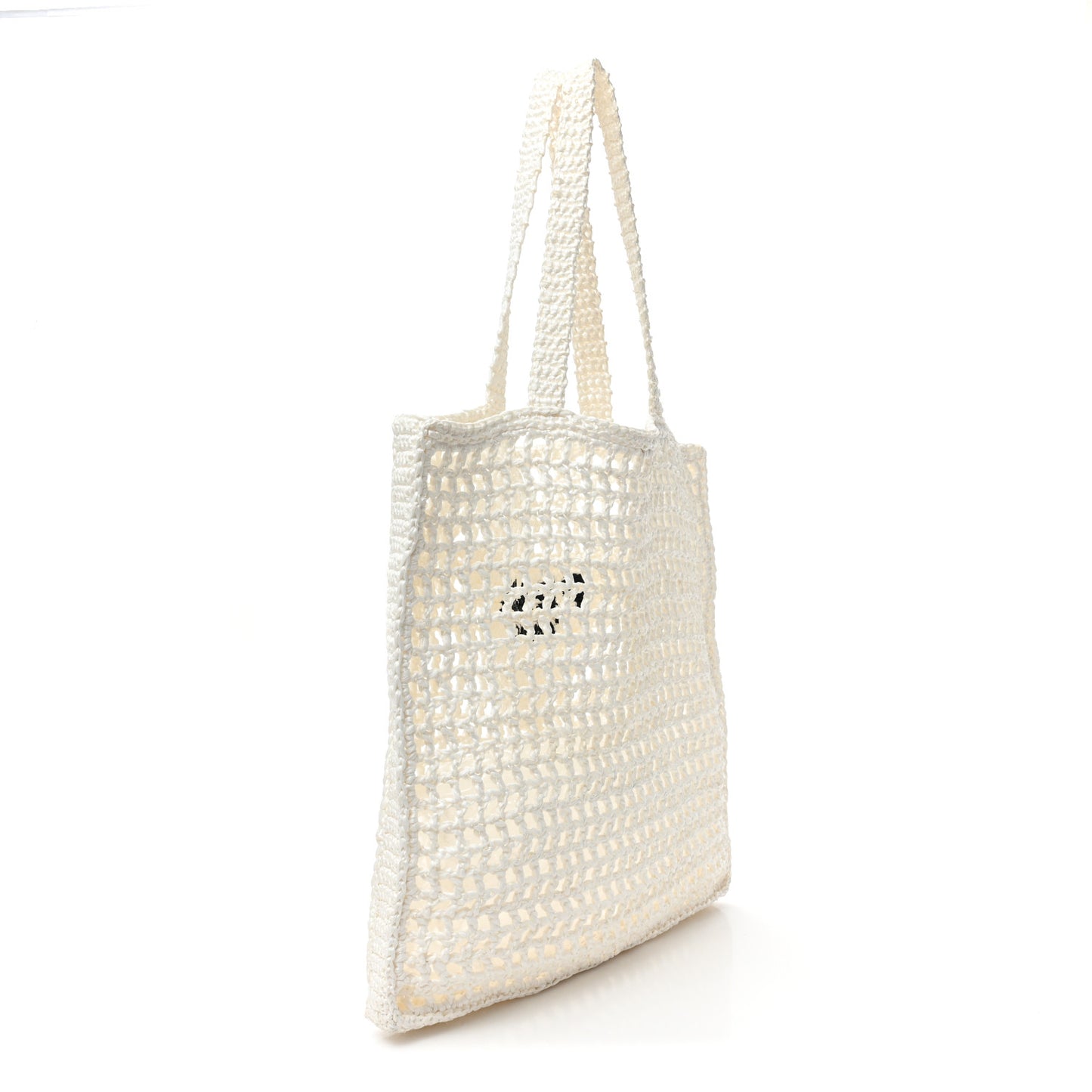 Yarn Raffia Effect Crochet Logo Embroidered Tote Bag White