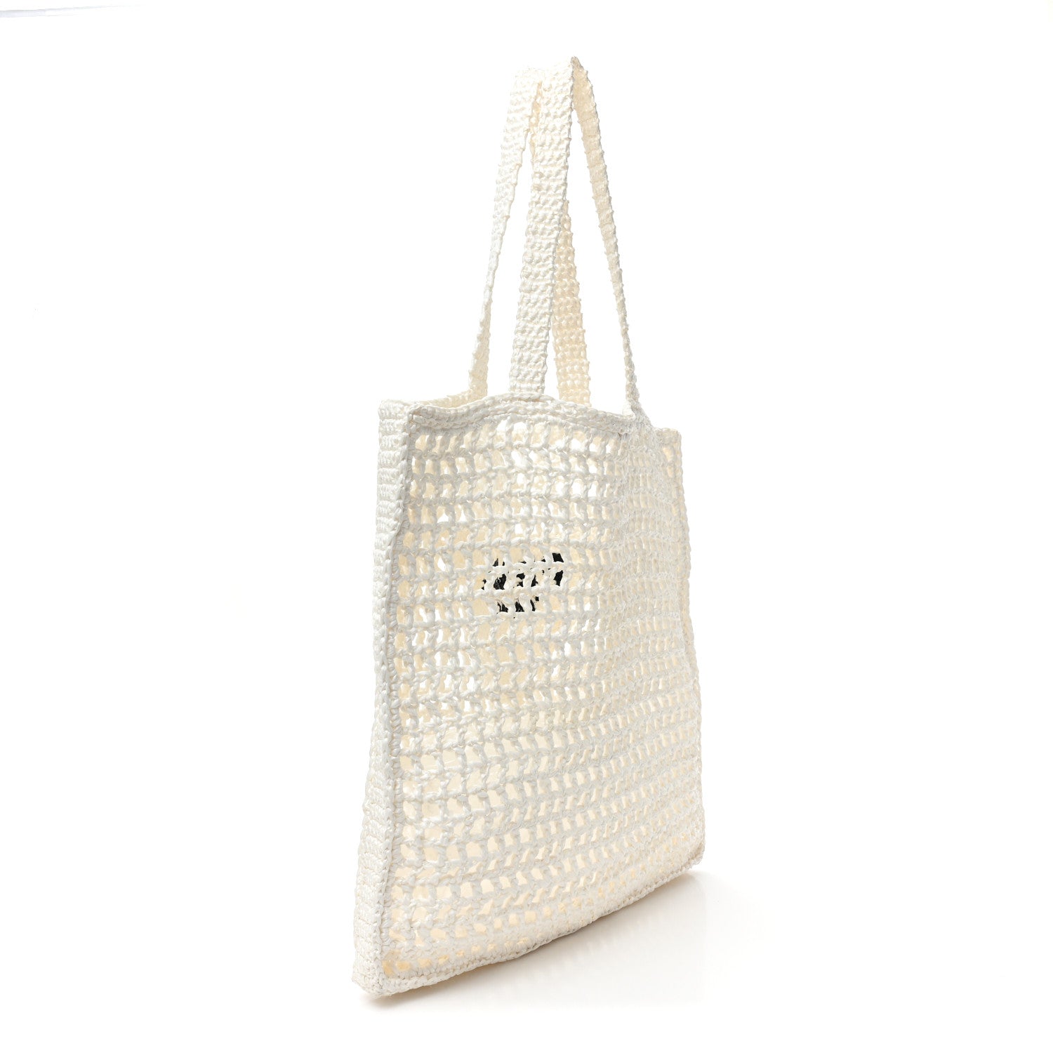 Prada Yarn Raffia Effect Crochet Logo Embroidered Tote Bag White 3 of 12