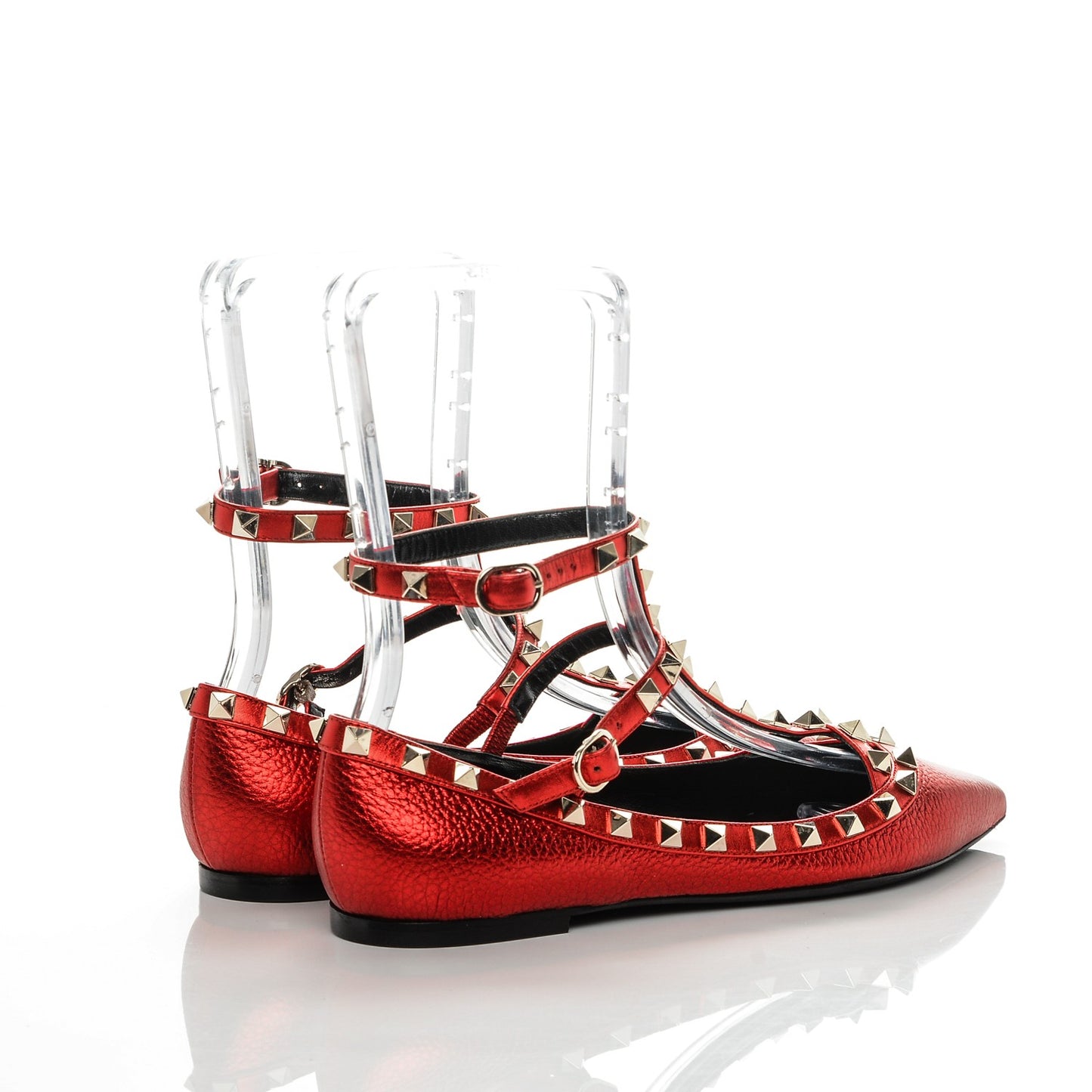Metallic Pebbled Calfskin Rockstud Cage Ballerina Flats 37.5 Rosso Valentino