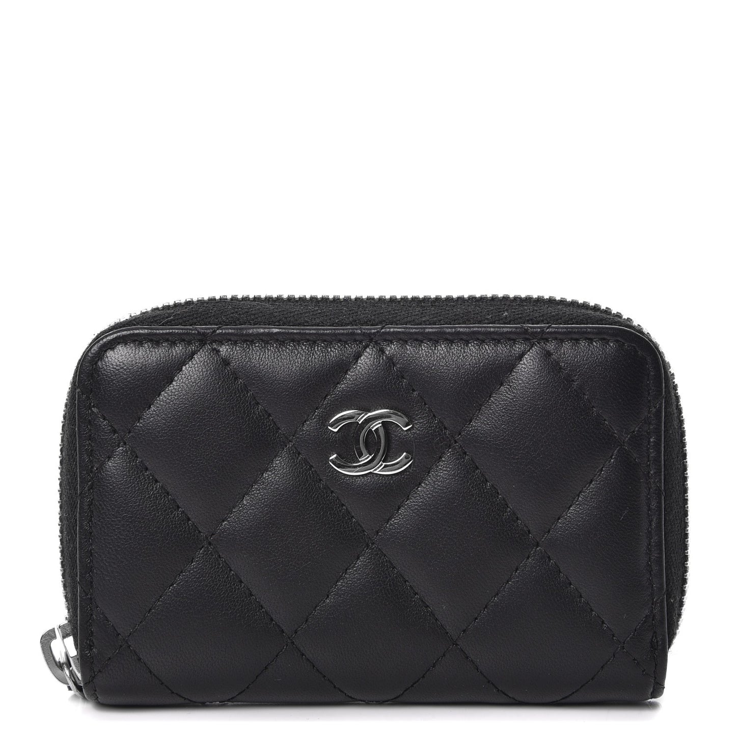 Lambskin Quilted Zip Around Coin Purse Wallet Black