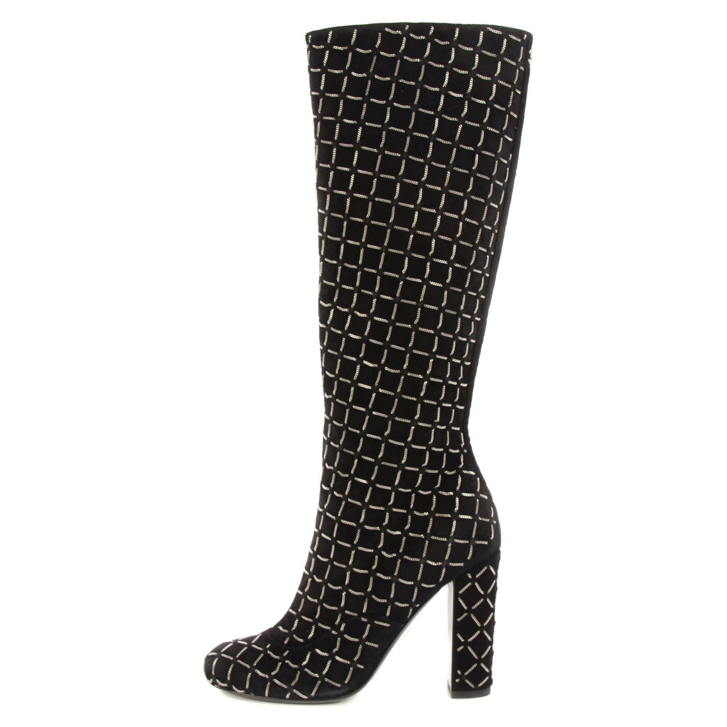 Kid Suede Chain Quilted Knee High Boots 35 Black