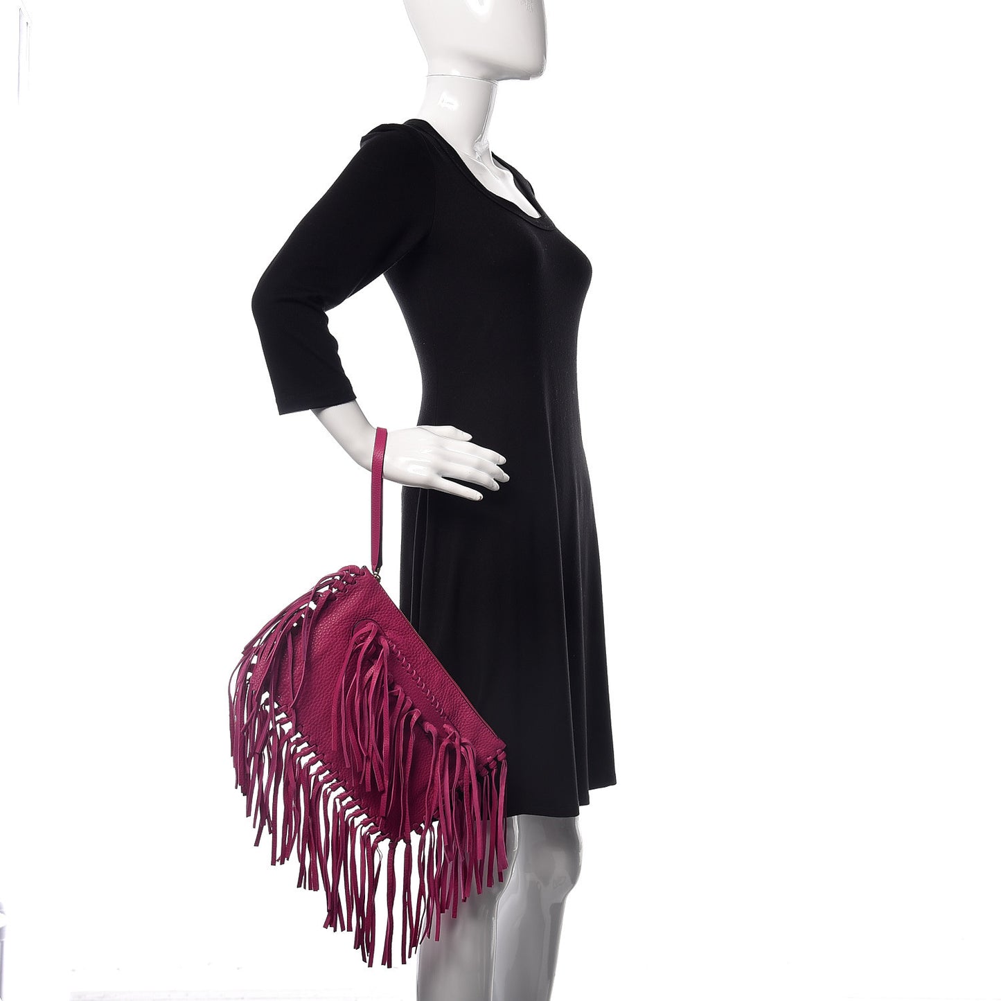 Grained Calfskin Rockee Fringe Clutch Fuxia