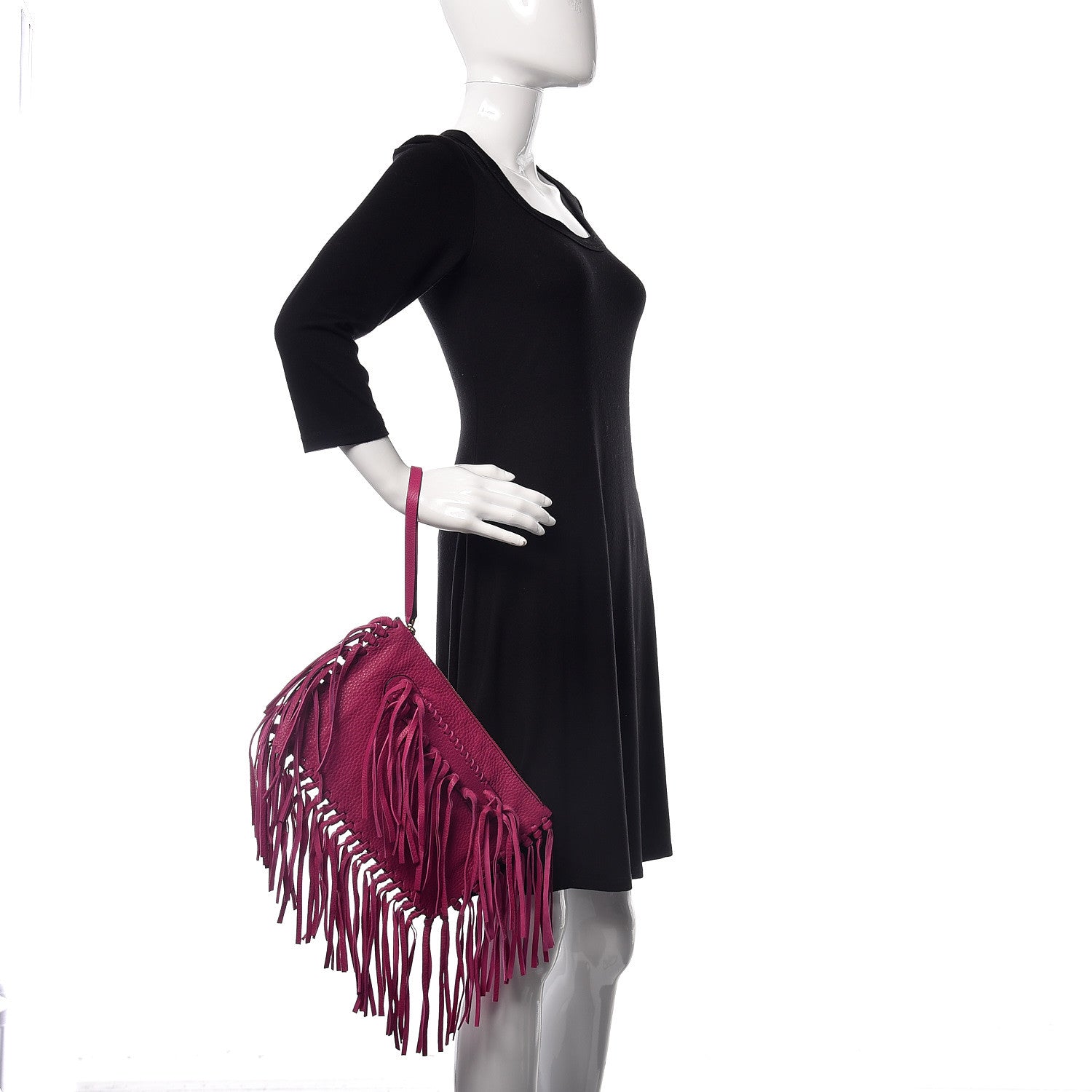 Valentino Garavani Grained Calfskin Rockee Fringe Clutch Fuxia 2 of 8