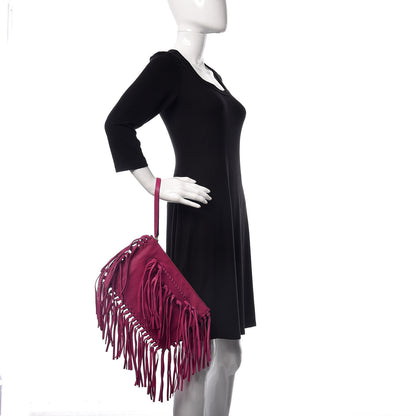 Valentino Garavani Grained Calfskin Rockee Fringe Clutch Fuxia 2 of 8